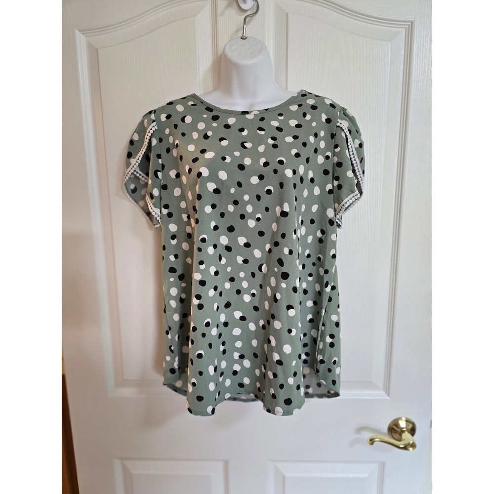 Angashion Women's Sage Green Dot Print‎ Short Sleeve Top Soft Size L /0220